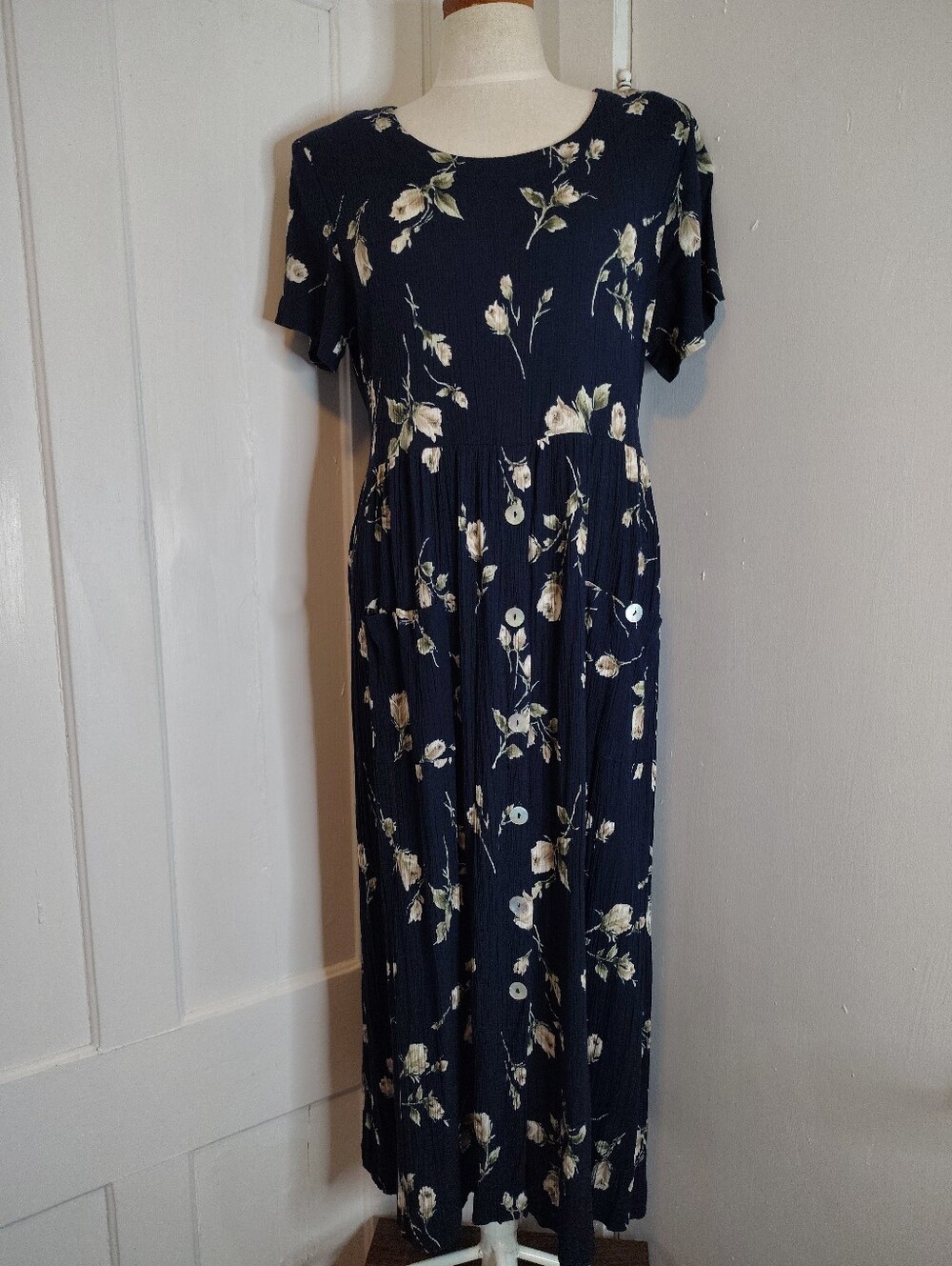 Vintage 1980s Promises Petite Navy Floral Print Short Sleeve Dress Womens Small